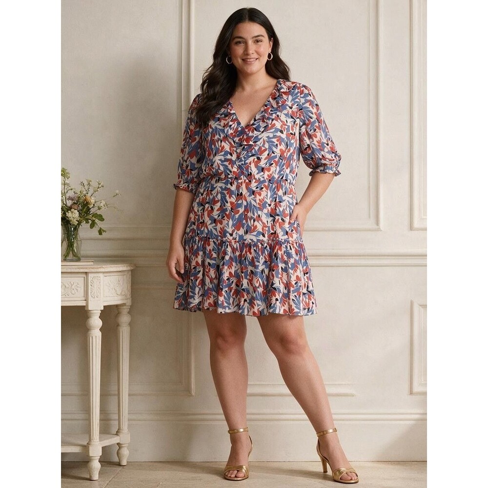 Lauren Ralph Lauren Red Blue Floral Ruffle Chiffon Dress 16 Preppy Wedding